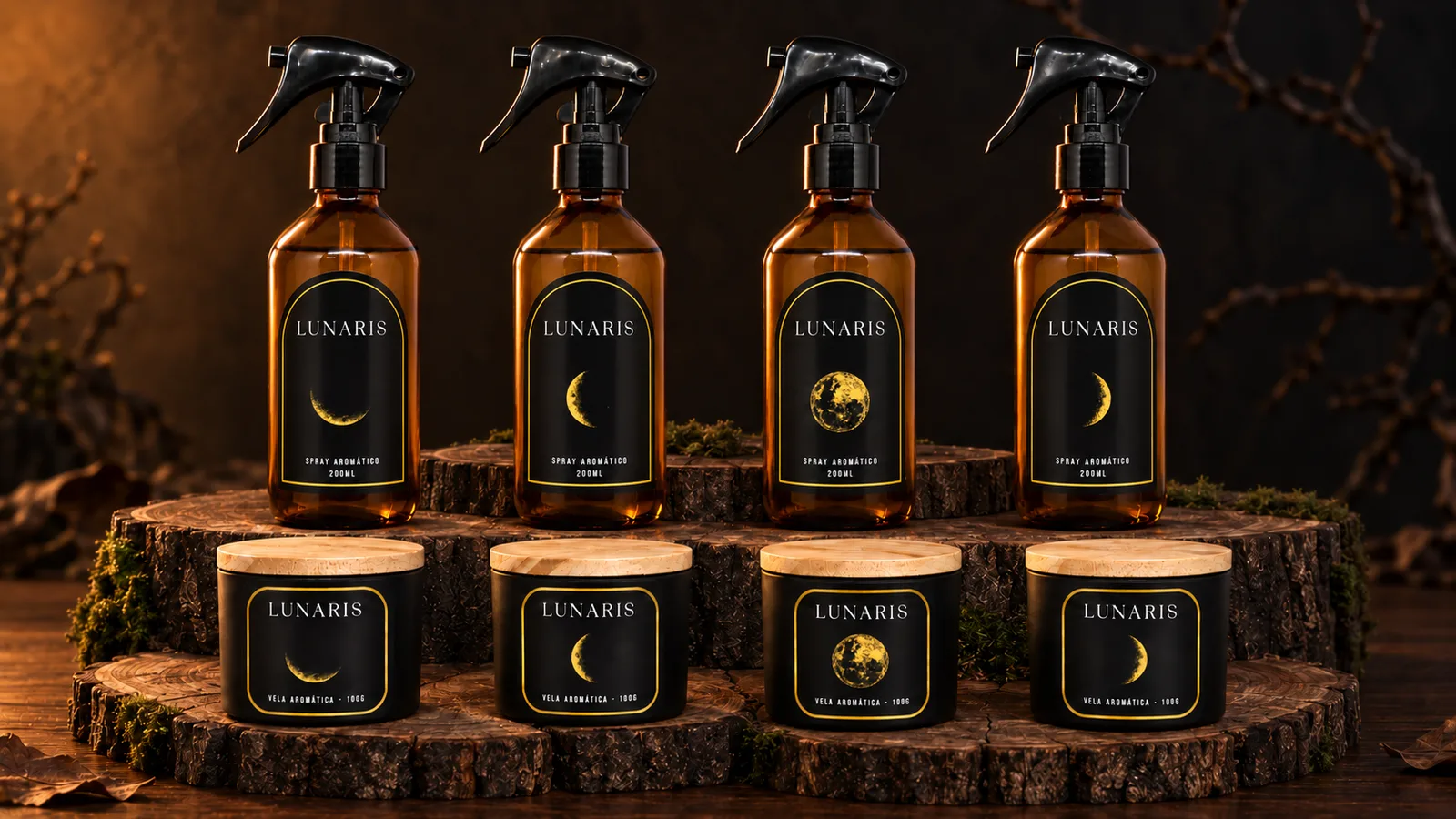 Linha das fases da lua: velas e sprays Lunaris sobre troncos