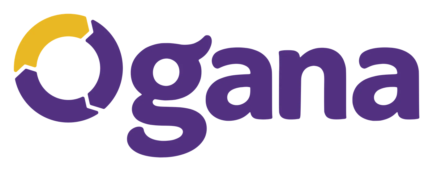 Logotipo Ogana, escrita roxa com o símbolo dourado