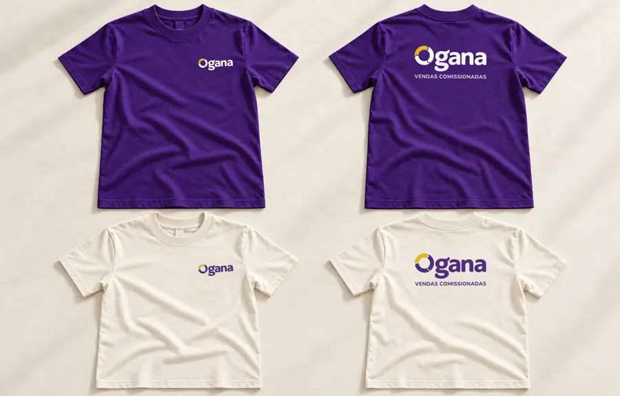 Camisetas roxas e off-white com a marca Ogana